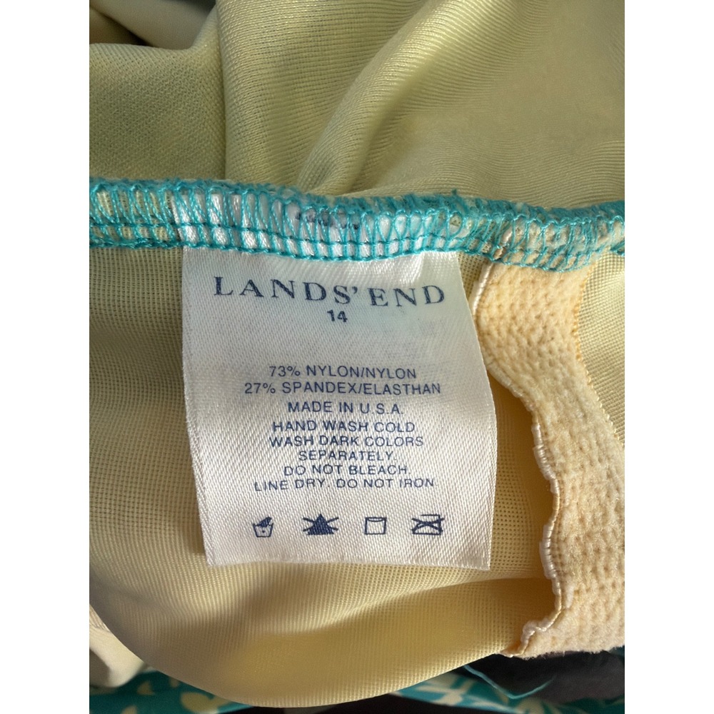 Lands End Womens Sz 14 Teal Leaf Print Ruched One Piece Swimsuit Crossover Back - Picture 2 of 8